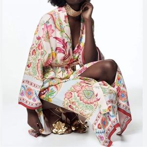 Zara NWT Satin Colorful Boho Floral Printed Belted Kimono Duster robe